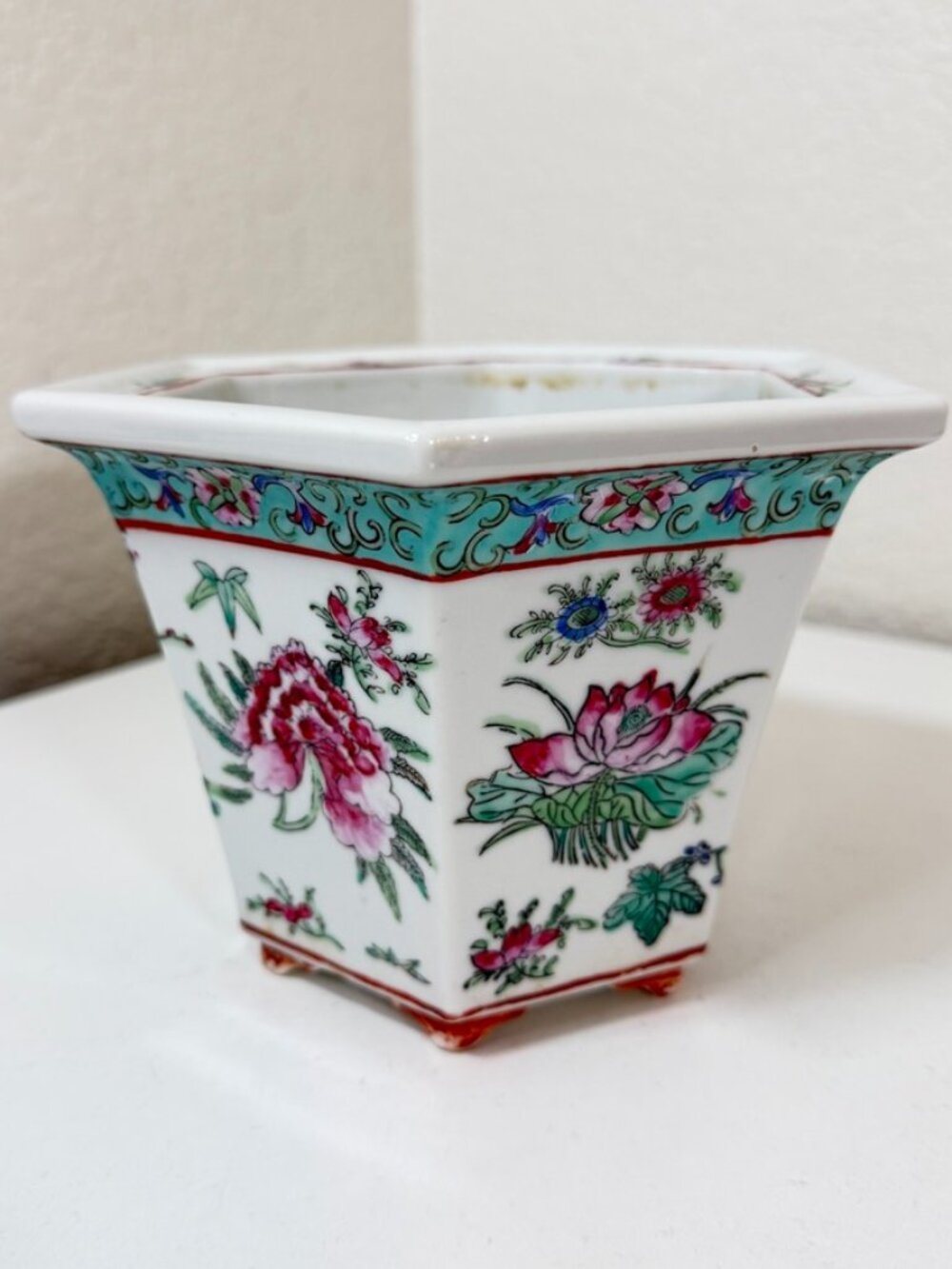 VTG Famille Rose Hexagonal Planter Decorated in Hong Kong for Lord & Taylor